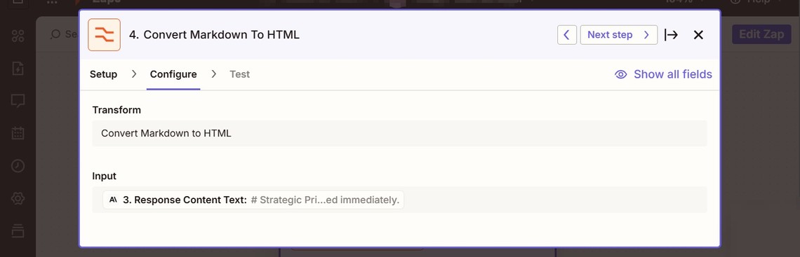 Screenshot of Zapier's Formatter to convert Markdown into HTML