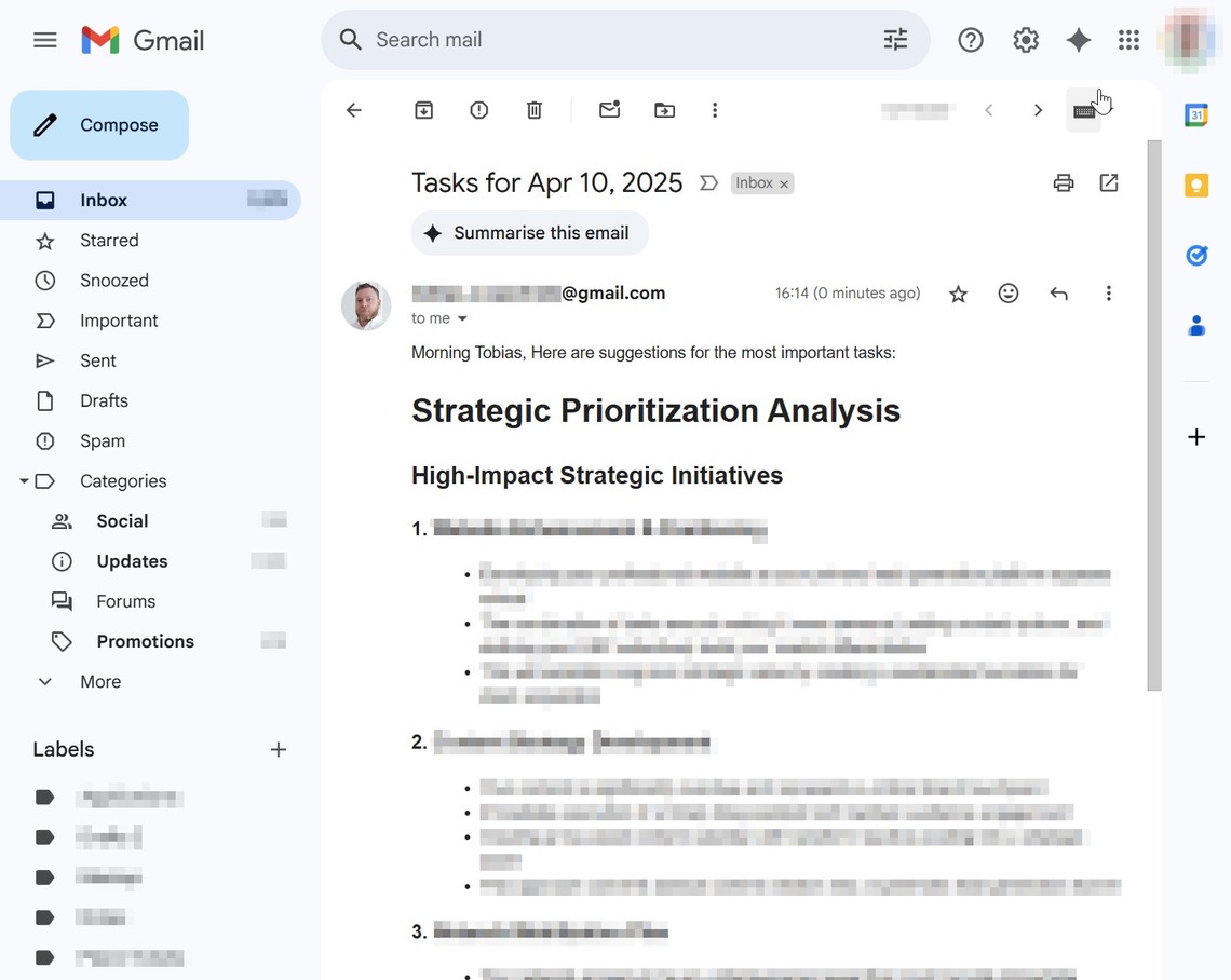 Example of the final email report showing prioritized tasks