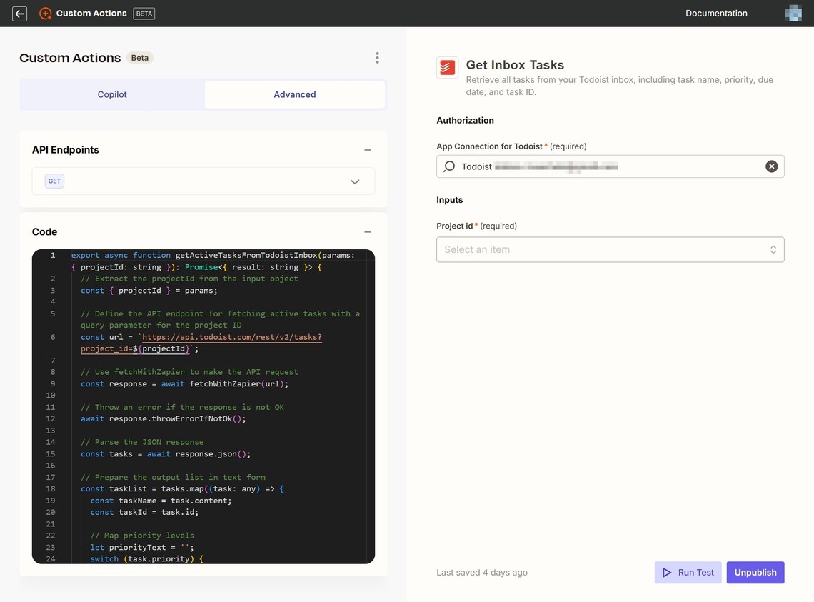 Zapier custom action code for optimized Todoist task retrieval