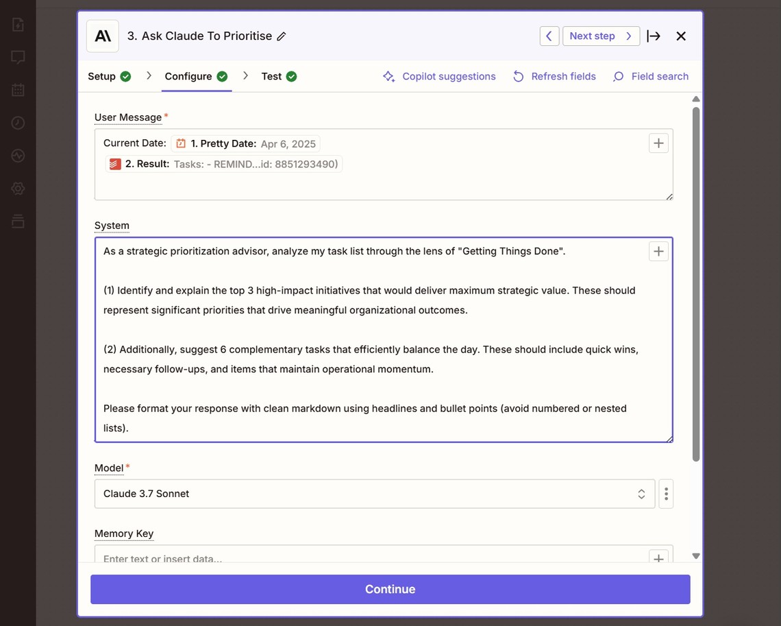 Claude prompt configuration in Zapier showing the strategic prioritization instructions